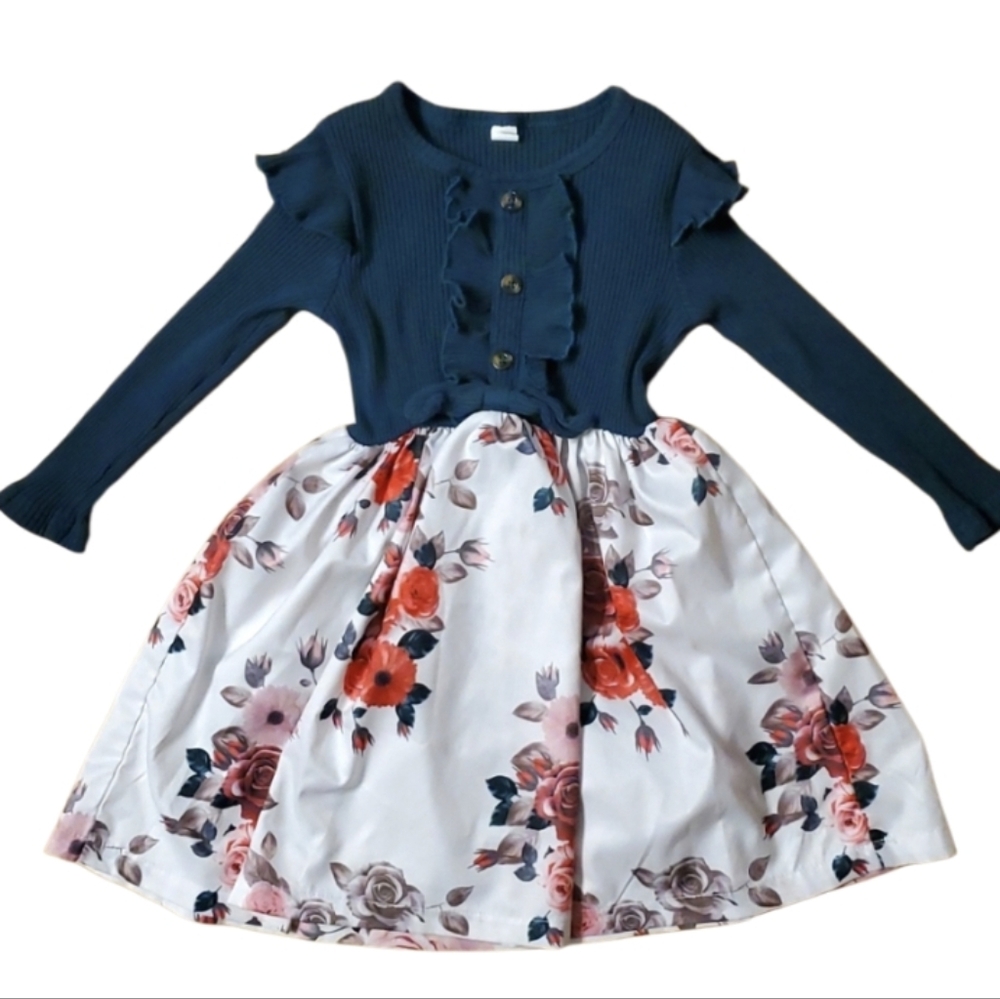 SHEIN Girls Size 110 Green Ruffled Dress with Floral Skirt
